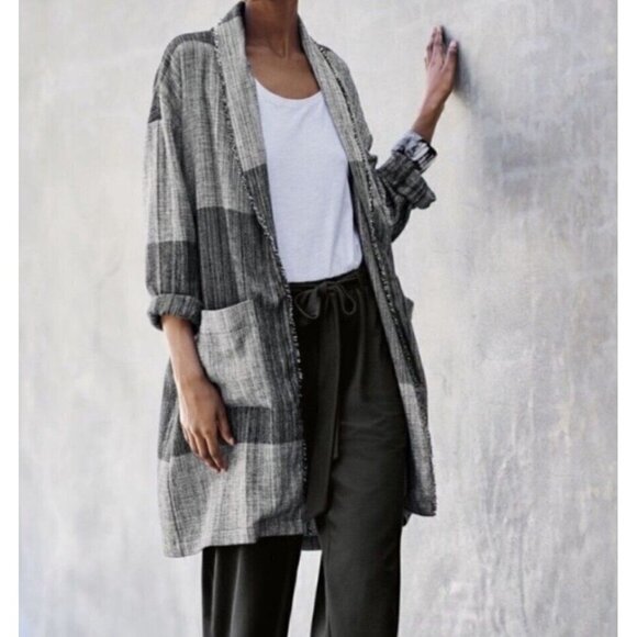 Eileen Fisher Sz S Organic Cotton Black Color Block Fringed Duster Jacket Womens - Picture 1 of 12